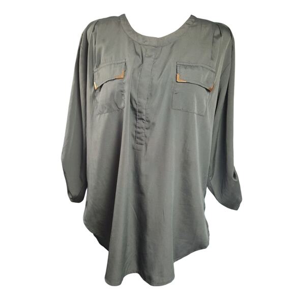 Live 4 Truth Tops - Live 4 Truth Size 1X Dark Green Utility Blouse Gold Trim Roll Tab Sleeves